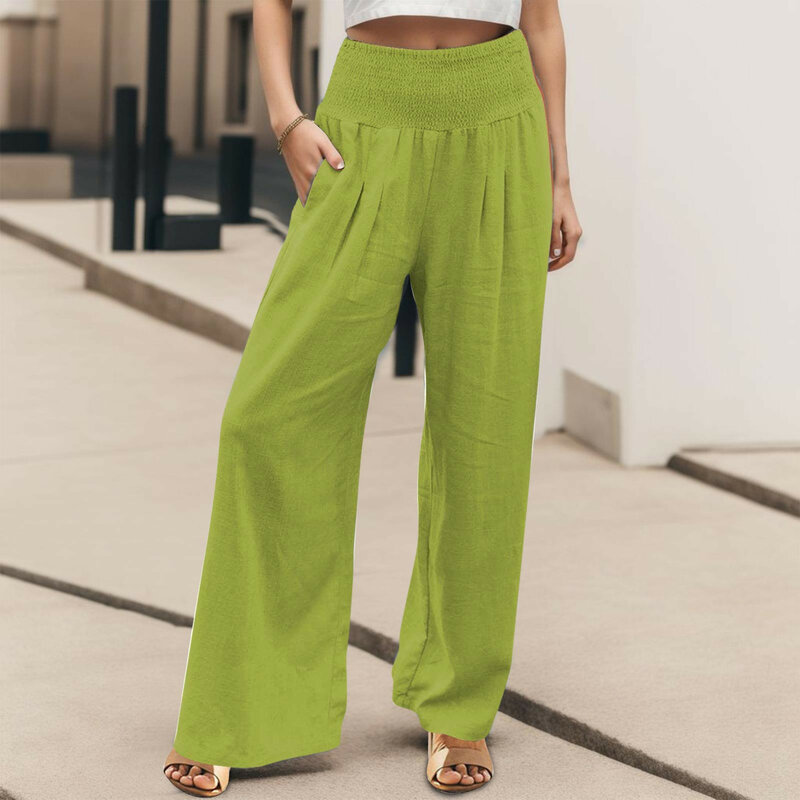 Women Cotton Linen Loose Wide Leg Pants 2024 Spring Summer Office Lady Casual Solid Jogger Elastic Waist Oversized Trousers