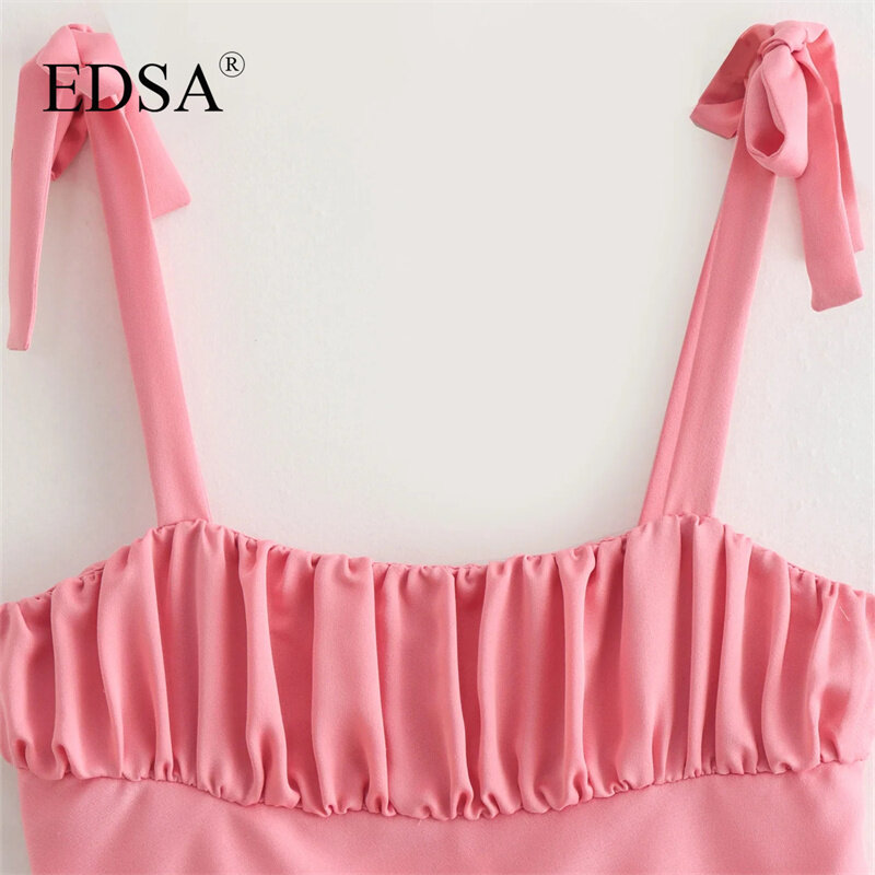 Edsa Frauen elegantes rosa Satin Top mit Schleifen 2024 Sommer geraden Ausschnitt breite Träger sexy rücken freie weibliche Bluse