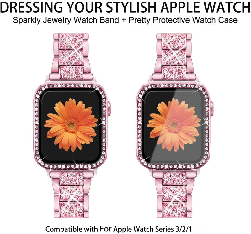 สายเพชร + ชุดเคสสำหรับ Apple Watch 9 8 7 41มม. 45มม. สายสแตนเลส iWatch 6 5 4 3 SE 40มม. 38มม. 42มม.