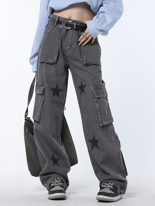 Frauen Grau Jeans Streetwear Vintage Waschen Breite Bein Denim Hosen Y2K Gerade Vier Taschen Baggy Cargo-Jeans Mit Sterne Hosen 2023