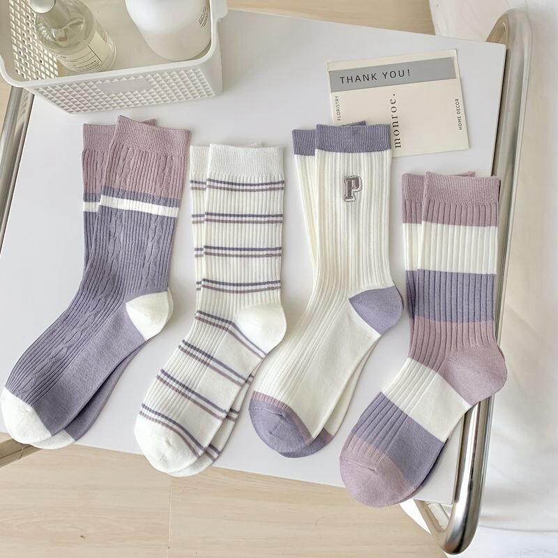 Chaussettes respirantes Ultra fines en coton peigné pour femmes, chaussettes à rayures brodées, tendance, printemps été, violet