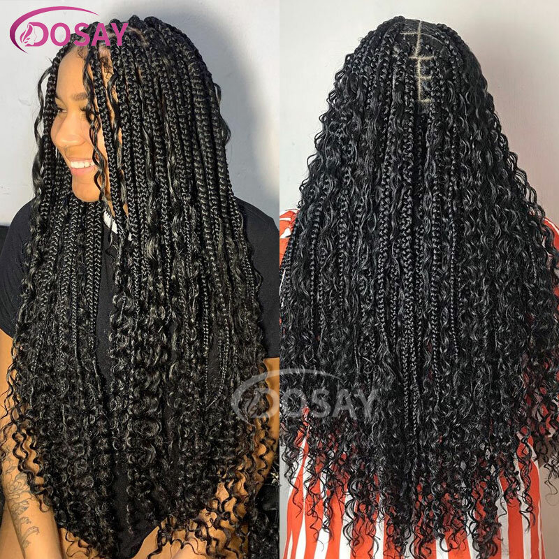 Godesses braids Full Lace Synthetic Braided Wigs Bohemia Boho Box Braid Wig 32 inch Square Knotless Braided Lace Wig With Curly