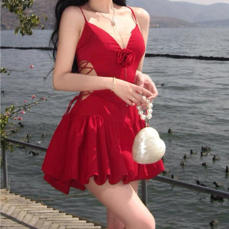 HOUZHOU czerwone seksowne eleganckie sukienki damskie czarne kokietki estetyczne jednoczęściowe Bodycone Mini krótka sukienka bez rękawów Y2k urocza sukienka