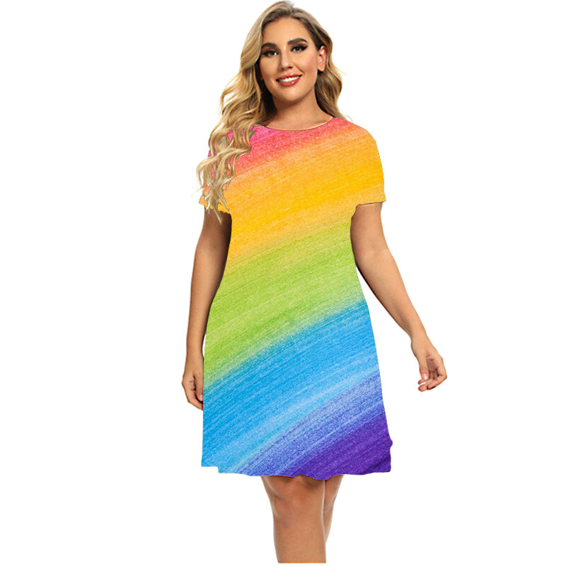 2023 sommer Mode Muster Regenbogen Kleider Frauen Kurzarm Rundhals Pullover Lose Kleidung Plus Größe Beiläufige Mini Kleid