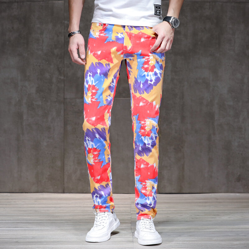Colorful printed jeans men's fashion party trendy unique slim stretch casual handsome trousers2024new