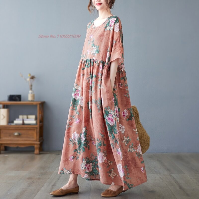 2024 chinese vintage dress national flower print folk dress cotton linen o-neck folk dress traditional streetwear a-line dress
