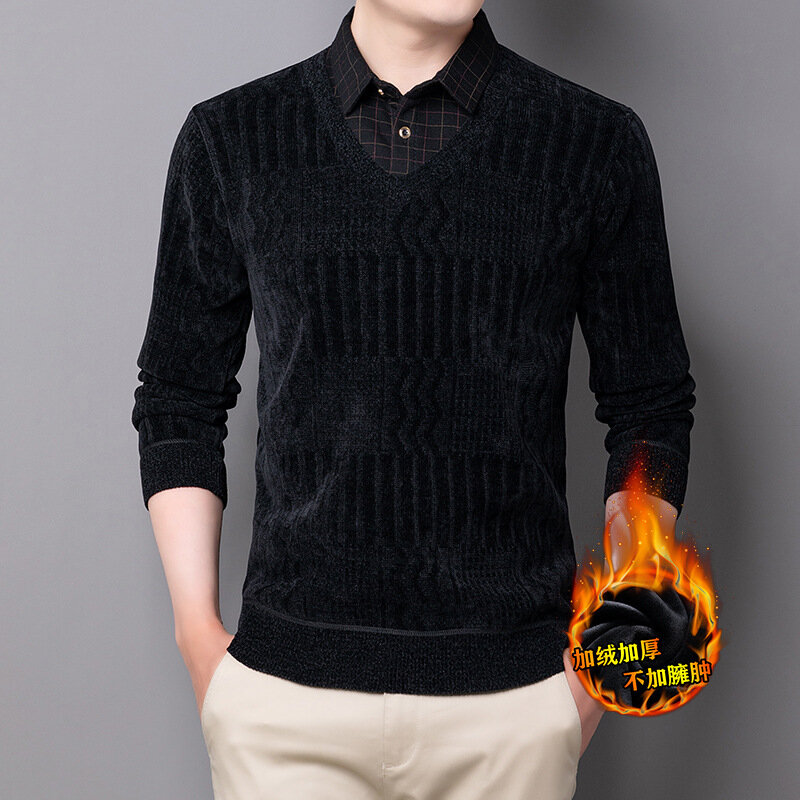 Jacquard Velvet Thickening Sweater Men's T-shirt Winter Knitted Warm Top