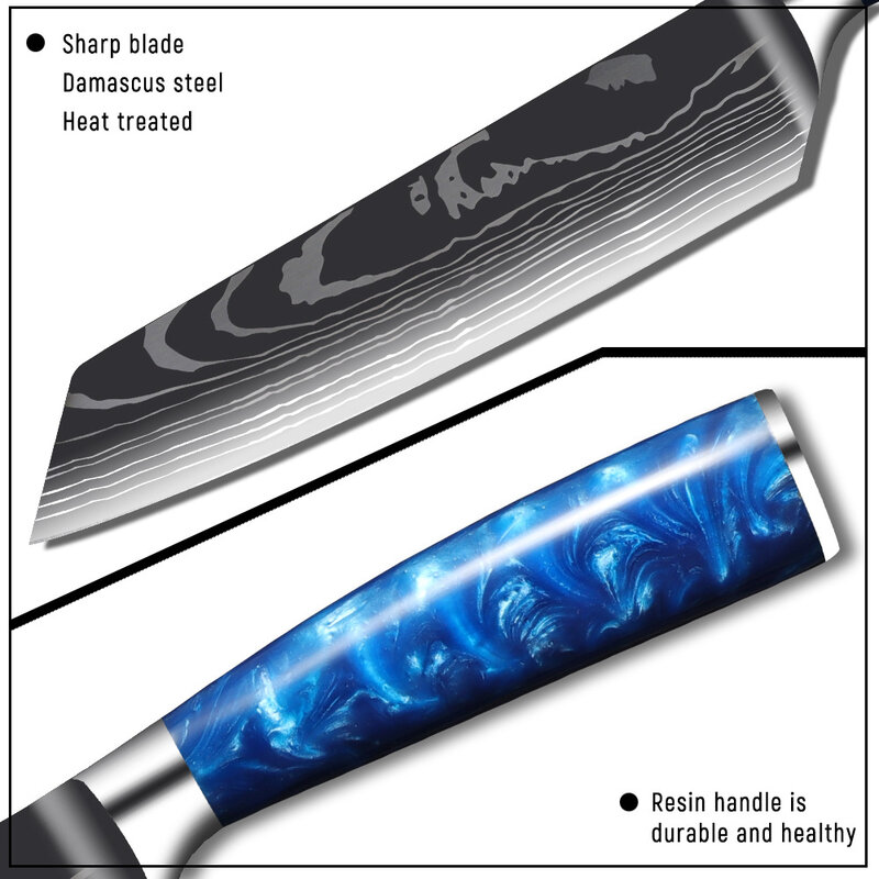 Pisau koki motif Damaskus 7CR17 pisau daging besi tahan karat pisau dapur Set pisau pengiris buah rumah tangga pisau Boning