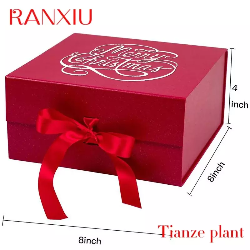 Boîtes en papier pliantes rouges avec nœud en ruban, impression personnalisée, boîte à couvercle magnétique, fermeture de luxe rigide, emballage cadeau