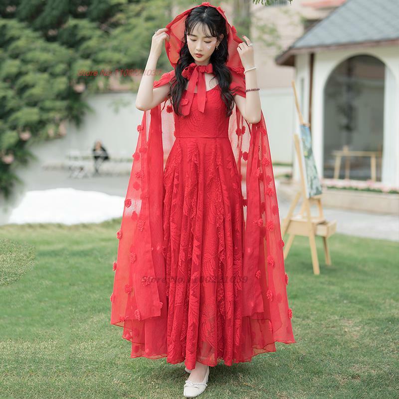 2024 chinesische Volks art Hanfu Kleid traditionelles ärmelloses Kleid nationale Blumen stickerei Prinzessin orientalische Spitze Chiffon Kleid