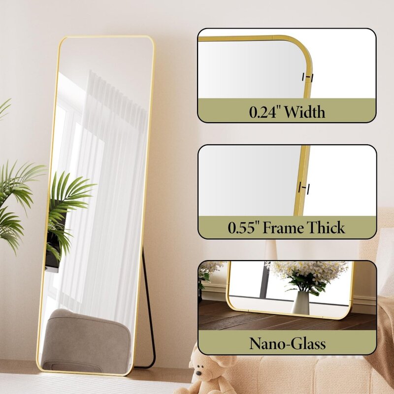 Floor-to-ceiling full-length mirror with rounded corners,with stand,hanging or against a wall,vanity mirror with aluminium frame