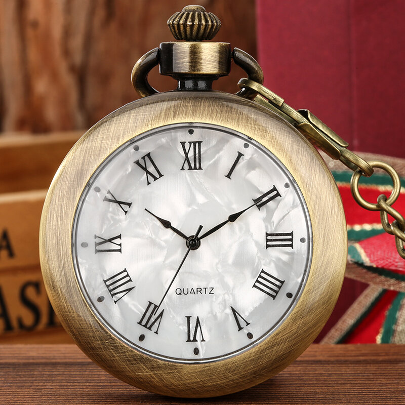 Bronze เปิดหน้า Marble เรืองแสงสีขาว Dial ตัวเลขโรมัน Quartz กระเป๋านาฬิกา Fob นาฬิกา Vintage กับต่างหูมีโซ่