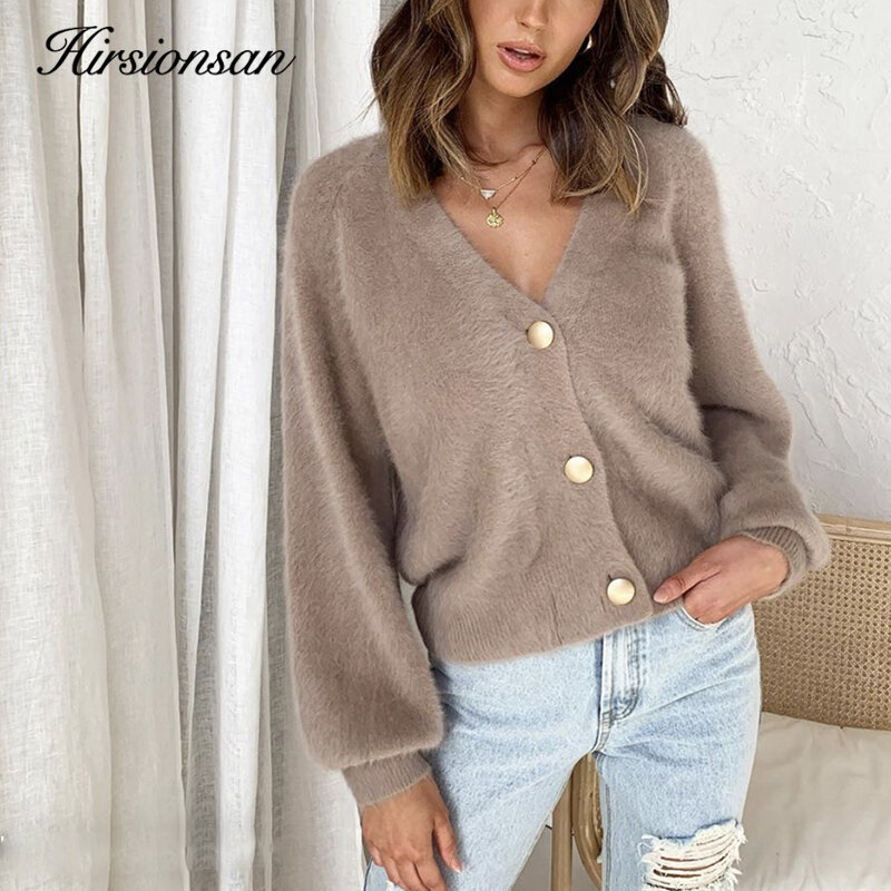 Hirsionsan Elegant Long Sleeve Mohair Sweater Women 2023 New Single-Breasted Female Short Cardigan Soft Flexible Knitted Outwear