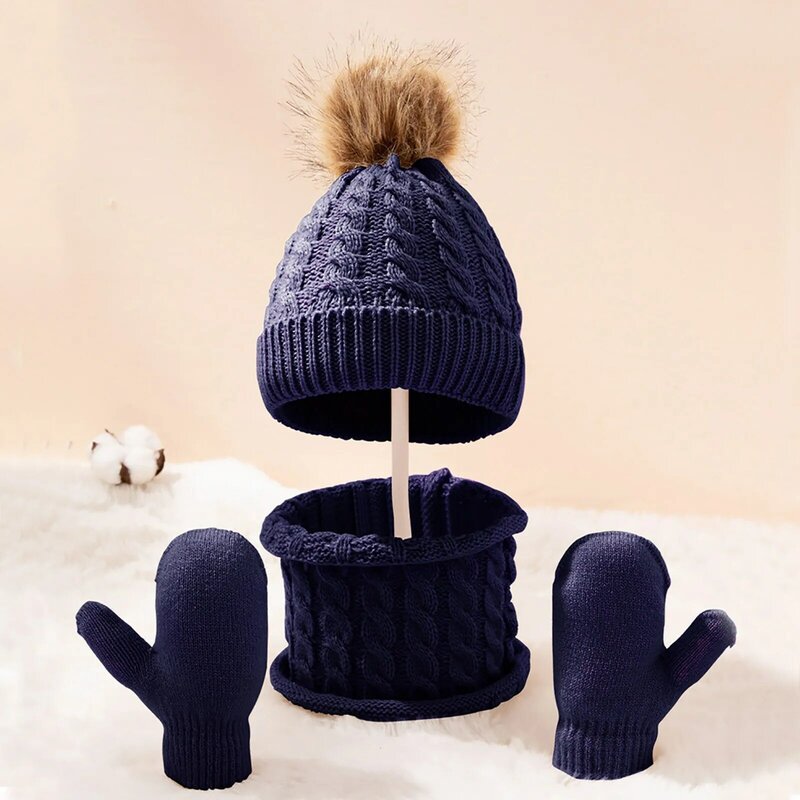 Conjunto de guantes y gorros de invierno para niños y niñas, calentador de cuello forrado de lana de punto, mitones para niños pequeños, conjunto de guantes y bufandas