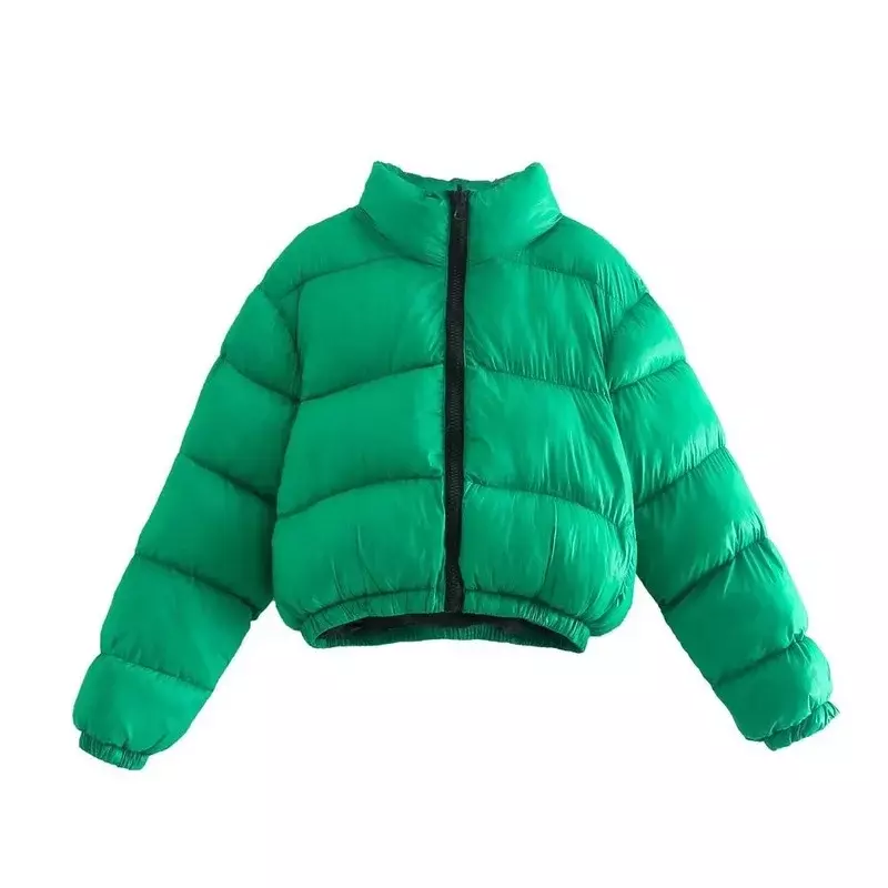 Damska stójka krótka kurtka moda jesień/zima luźna, wysoka zielona bawełna kurtka ciepła All-match krótka bawełniana kurtka