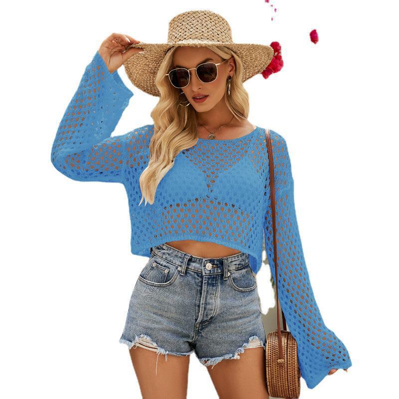 Spring/Summer  Exclusive European Style Knitted Sweater with Flared Sleeves and Openwork Design