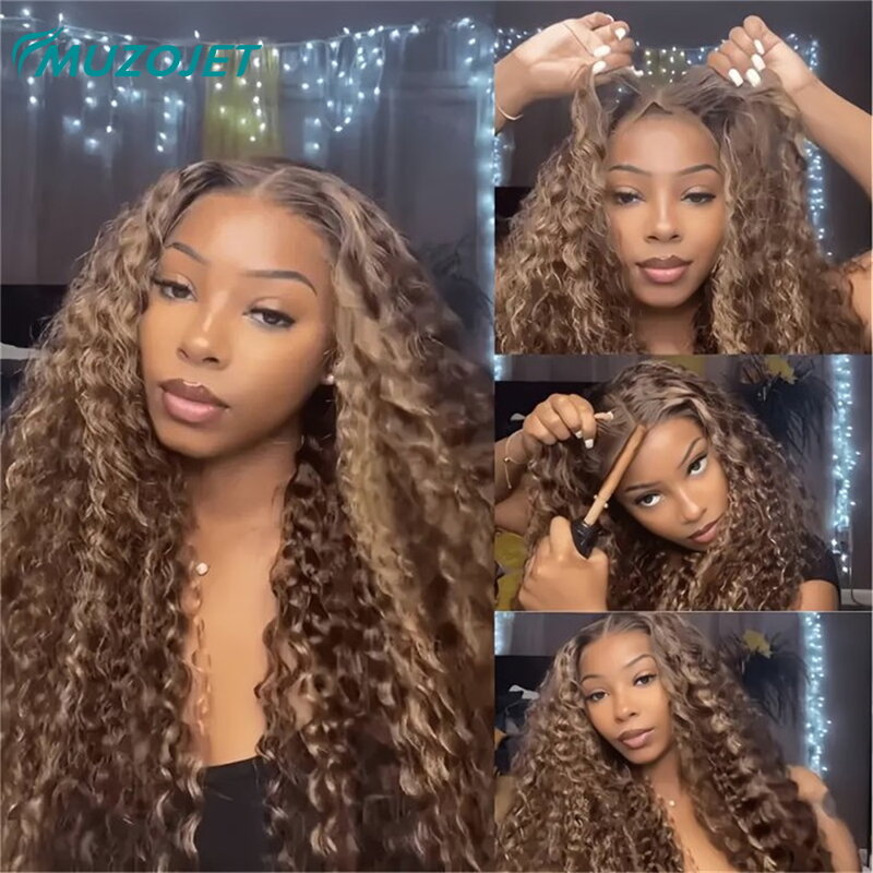 Wear And Go Glueless Water Wave Highlight Colored 5x5 HD Transparent Lace Closure Wig Human Hair Wet And Wavy Curly Pre  Plucked