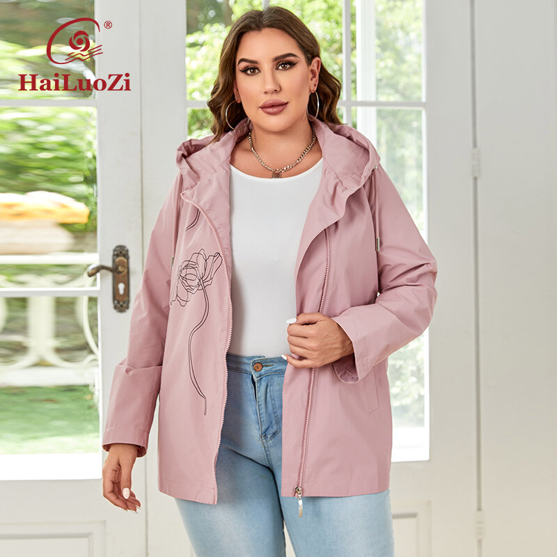 HaiLuoZi 2023 nuove donne Plus Size Trench giacca a vento con cappuccio di alta qualità Casual Slant Zipper femminile Short Jackects 731
