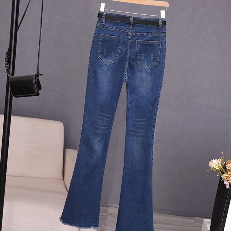 Calça de sino de caubói, cintura alta, cor de contraste, fina, alta, fino, fino, micro-calças jeans, outono, novo