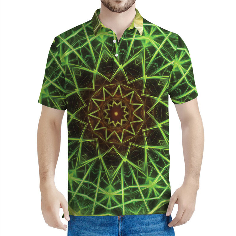 เสื้อโปโลหลากสีพิมพ์ลาย3D สำหรับผู้ชายเสื้อคาไลโดสโคปแขนสั้นพิมพ์ลายประสาทหลอนเสื้อโปโลลำลองมีกระดุม