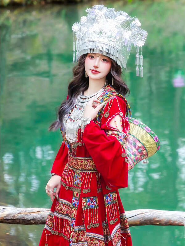 Красная одежда для миао, новый головной убор для миао, воротник в этническом стиле Синьцзян кашгара, одежда для фотосъемки в поездках
