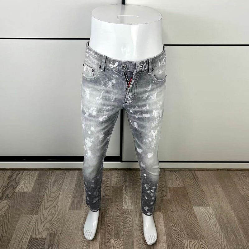Modne dżinsy męskie uliczna wysokiej jakości Retro szara elastyczna dopasowana porwane jeansy mężczyzn malowana designerska markowe spodnie Hip Hop Hombre