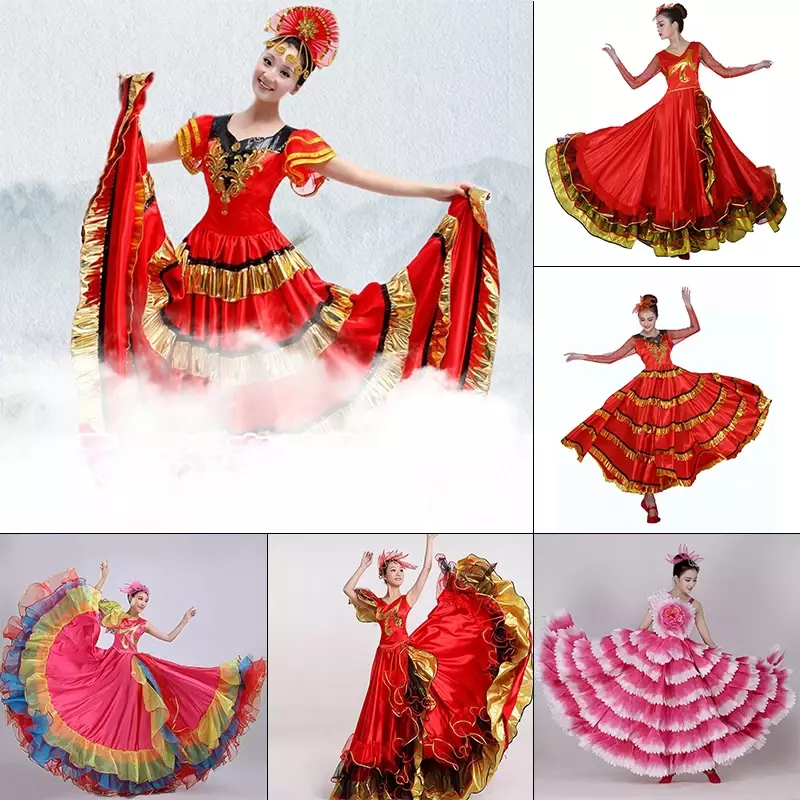 ชุดเต้นรำสไตล์สเปนสำหรับผู้หญิงชุดเต้นระบำยิปซีชุดฟลาเมงโก้180/360/720กระโปรงพริ้วสำหรับการแสดงบนเวที