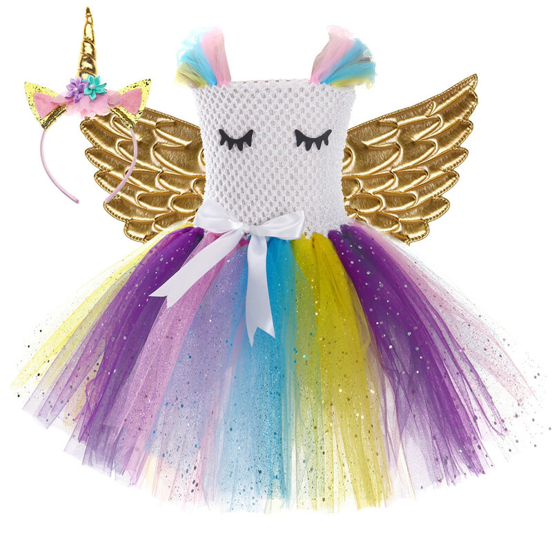 Trajes de unicórnio brilhantes para meninas, vestido tutu cintilante com asas, roupas brilhantes para crianças, roupa de festa de aniversário infantil
