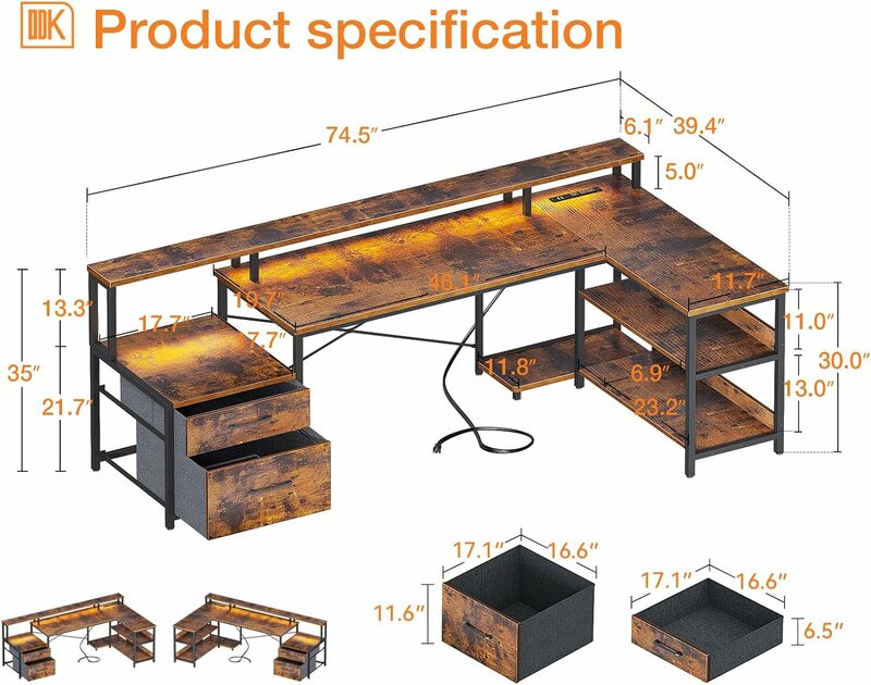 Стол ODK L-образный с выдвижным ящиком для файлов, 75 дюймов, двусторонний компьютерный стол L-образной формы с розеткой питания и светодиодной лентой, офисный стол