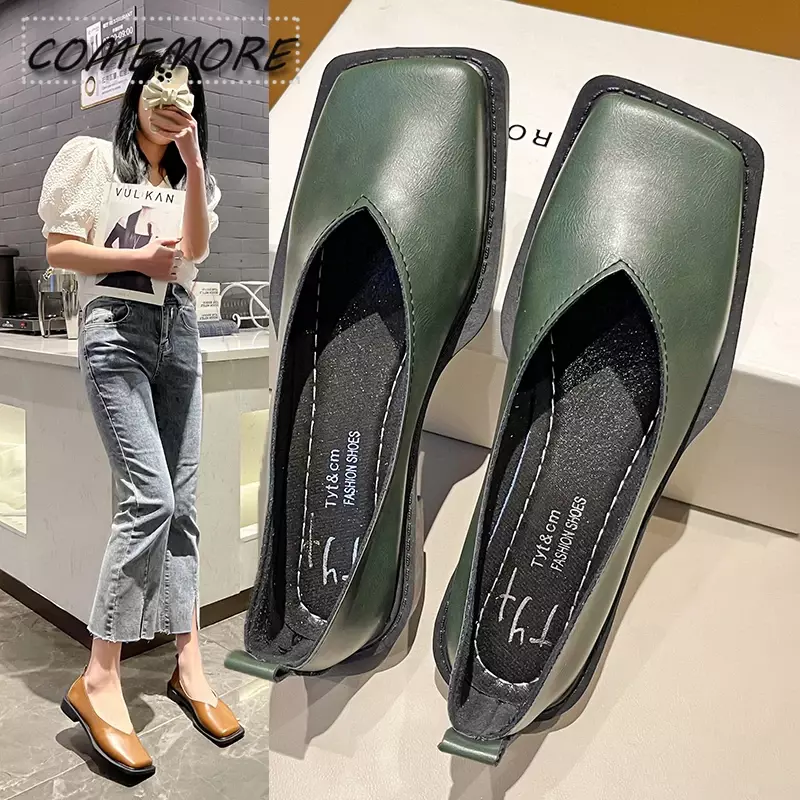 2024 New Flat Shoes Women Square Toe Single Shoes Simple Temperament Leather PU Spring Autumn 4 Colors Comfortable Work Footwear