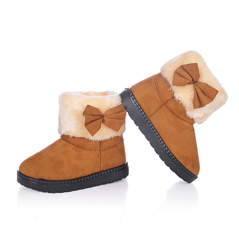 Botas de nieve de algodón para niñas, zapatos cálidos de princesa con pajarita, de colores dulces, antideslizantes, invierno, 2022