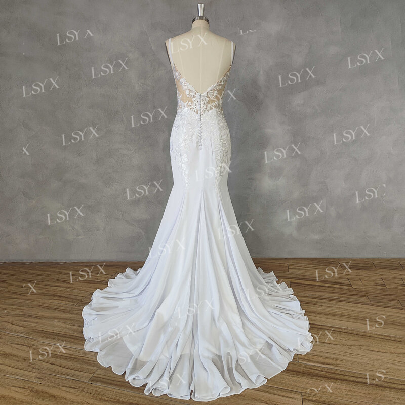 LSYX Deep V-Neck Sleeveless Chiffon Mermaid Wedding Dress 2024 Simple Spaghetti Strap Court Train Cut Out Back Bridal Gown