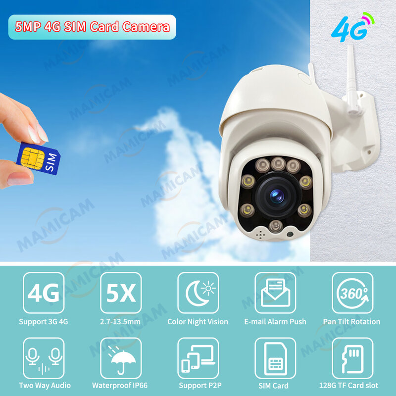 5MP PTZ 4G IP Camera Outdoor 5X ZOOM ottico WIFI telecamera di sorveglianza Wireless funziona con SIM Card CCTV protezione di sicurezza AI