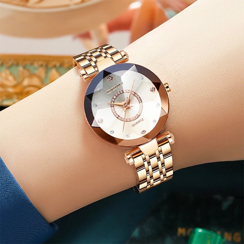 SENO Ocean Star-Reloj de pulsera de cristal para mujer, accesorio de lujo de marca superior, color oro rosa, 2024