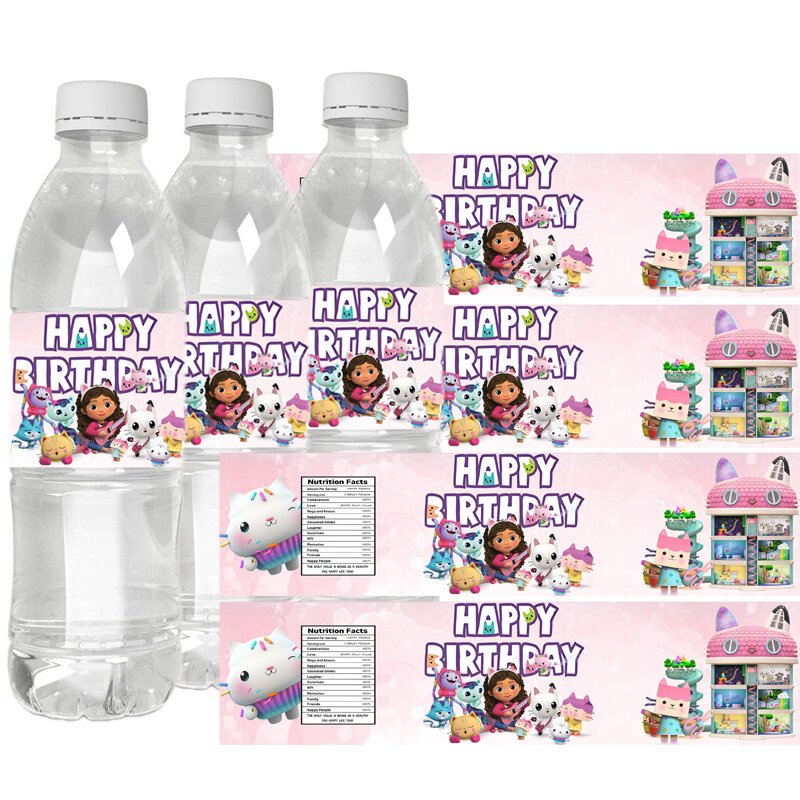 Merah muda Gabby label stiker botol air rumah boneka hadiah anak perempuan kucing dekorasi meja ulang tahun untuk perlengkapan pesta mandi bayi