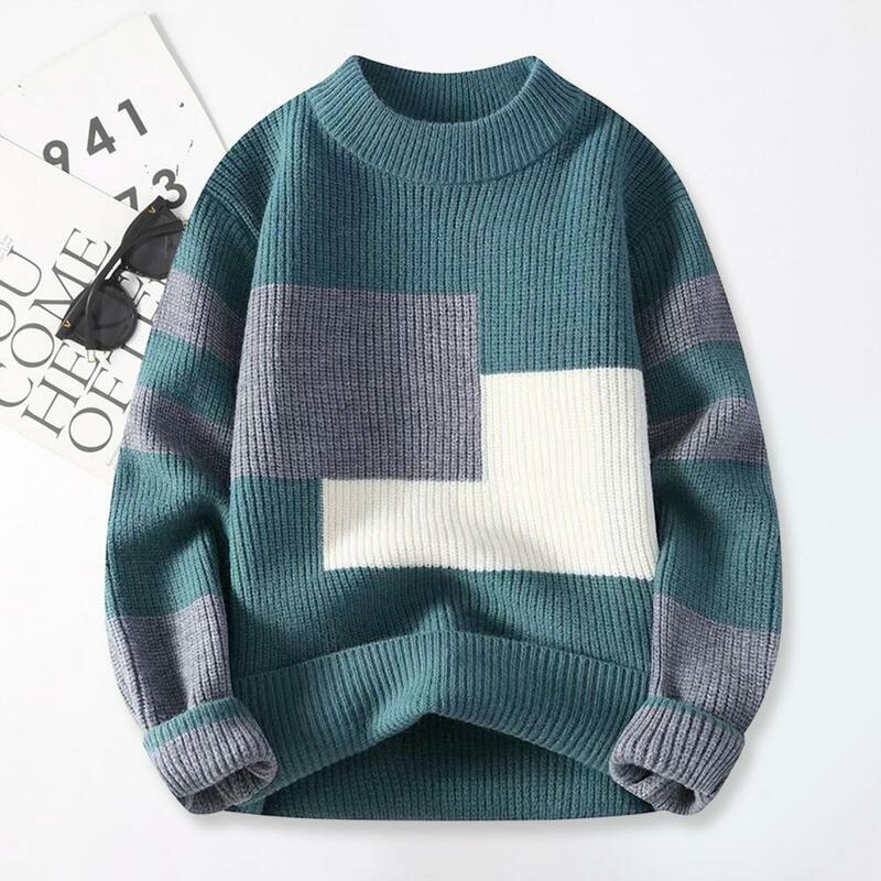 Color Block Sweater Round Neck Sweater Colorblock Knitted Men's Sweater Thick Warm O Neck Pullover for Fall/winter Soft Elastic