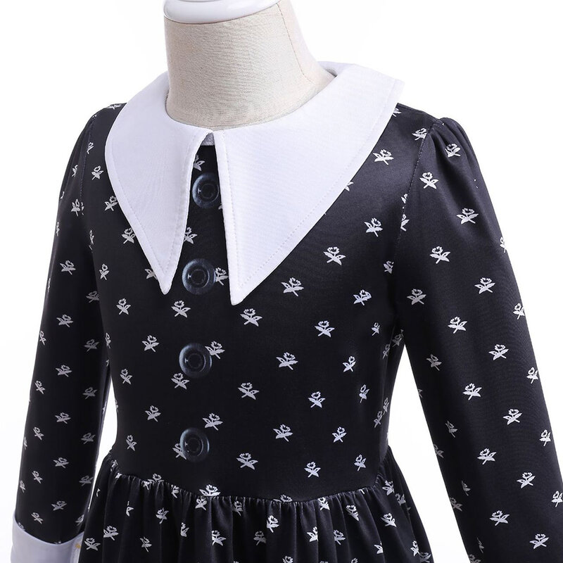 Addams Black Polka Dot Dress Wed Cosplay Halloween Party Costume Long Sleeve Witch Clothes Children's Day Birthday Surprise