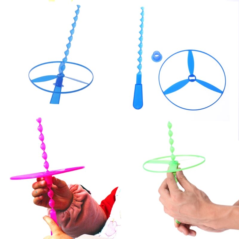 Platillos voladores giratorios de 12 piezas, helicópteros de colores surtidos, mango de plástico de libélula de bambú para exteriores, juguete OVNI, platillo volador de hadas