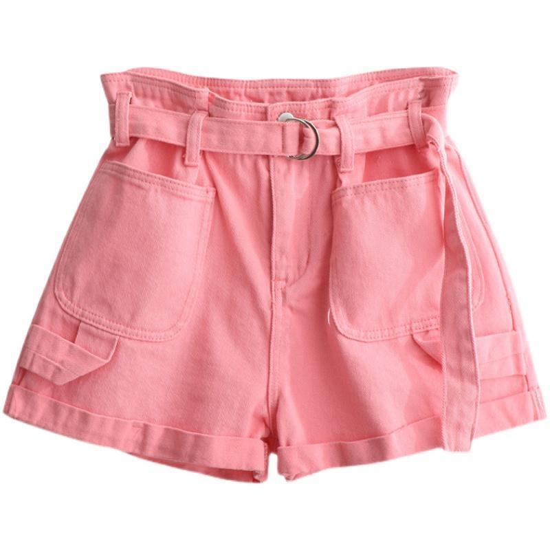 Damen Denim Sommer neue einfarbige lose hohe Taille Knopf Reiß verschluss gespleißt Tasche Bandage süße All-Match-Mode-Shorts