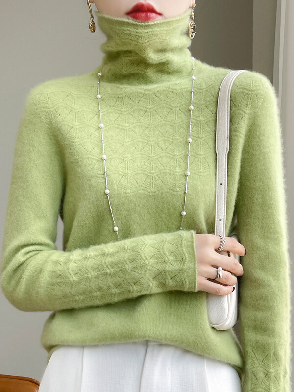 Женский осенне-зимний свитер из 100% мериносовой шерсти пуловеры с высоким воротником Базовая рубашка с длинными рукавами с вырезами кашемировая трикотажная одежда