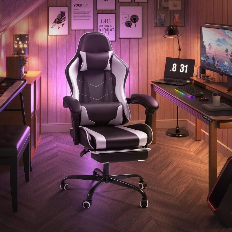 Gaming Chair with Footrest and Massage Lumbar Support, Video Game Chairs 360°Swivel and Height Adjustable