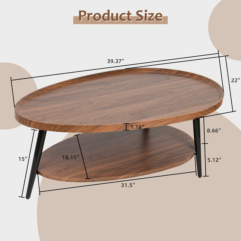 2-Tier Coffee Table Water-Shaped Wood Center Table Mid Century Oval Coffee Table Rustic Farmhouse Coffee