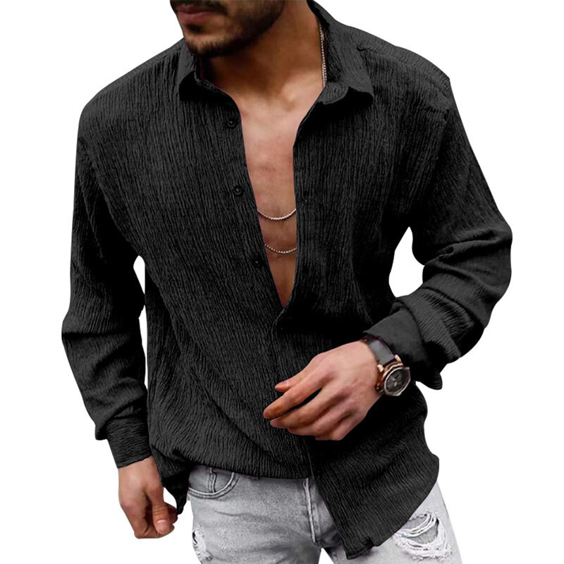 Camisas y blusas de lino informales para hombres, camisa suelta de manga larga de un solo pecho, Tops de Color sólido, ropa masculina, otoño y primavera