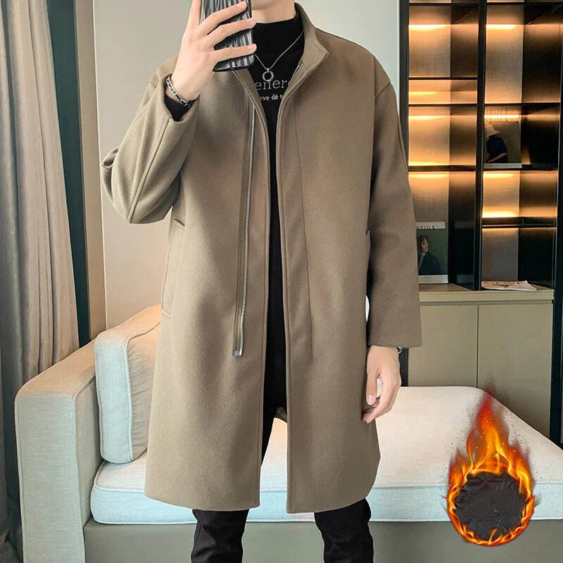 2024 Autumn Winter Long Coat Windbreaker Casual Loose Solid Color Trench Fashion Korean Style Mens Jackets Outerwear