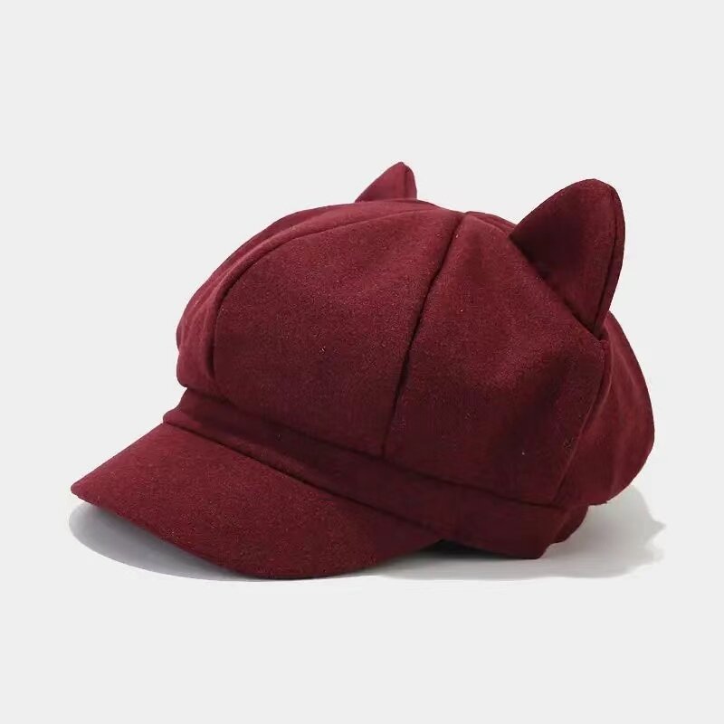 Topi oktagonal telinga kucing lucu topi baret wanita Newsboy topi musim dingin pelukis Vintage untuk wanita topi oktagonal