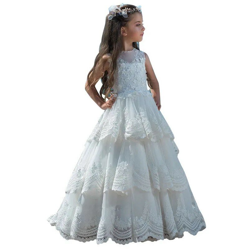 結婚式のための花の女の子のドレス、白いチュール、アップリケレース、ノースリーブの真珠、エレガントな子供の最初のお祝いのドレス