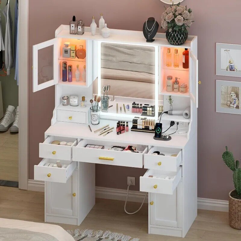 Large Make up Vanity Desk with Mirror and Lights,3 Lights Mode and Brightness Adjusted by key, Built-in Power Strip