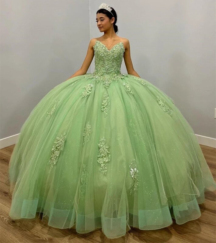 Vestidos Princesa Quinceanera, Vestido de baile, Apliques de tule, 16 vestidos, 15 anos, Verde Lima, Mexicano