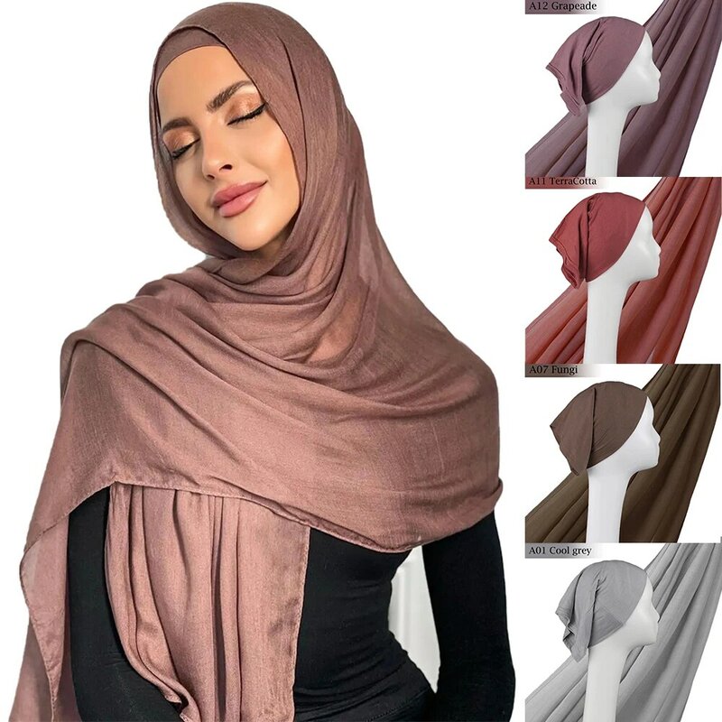 Hijab de viscosa para mujeres musulmanas, conjunto de 2 piezas, Jersey de Color a juego, gorro de algodón liso, chal suave, Turbante Femenino de 85x185cm