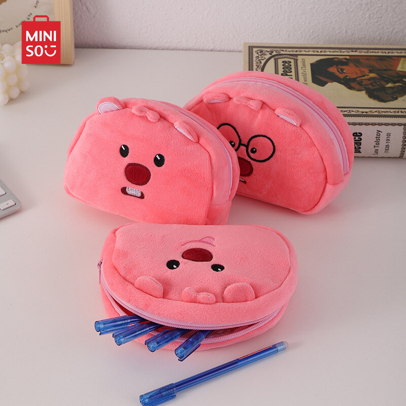 MINISO 2024 розовая маленькая плюшевая сумка для ручек с Бобром, мультяшный карандаш, модель чехол большой емкости, Детская сумка